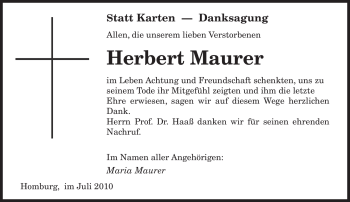 Todesanzeige von Herbert Maurer von SAARBRÜCKER ZEITUNG