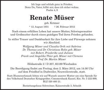 Todesanzeige von Renate Müser von SAARBRÜCKER ZEITUNG