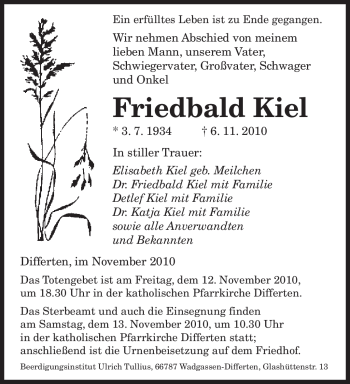 Todesanzeige von Friedbald Kiel von SAARBRÜCKER ZEITUNG