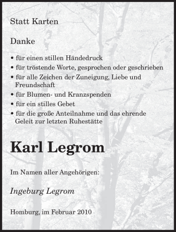 Todesanzeige von Karl Legrom von SAARBRÜCKER ZEITUNG