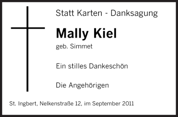 Todesanzeige von Mally Kiel von SAARBRÜCKER ZEITUNG