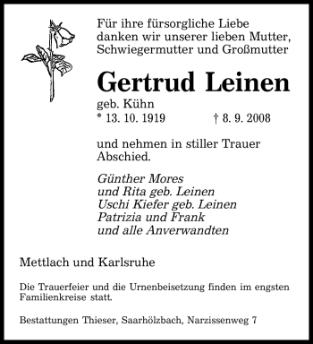 Todesanzeige von Gertrud Leinen von SAARBRÜCKER ZEITUNG