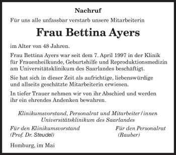 Todesanzeige von Bettina Ayers von SAARBRÜCKER ZEITUNG