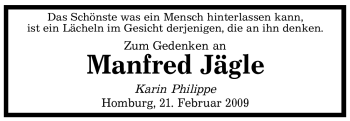 Todesanzeige von Manfred Jägle von SAARBRÜCKER ZEITUNG