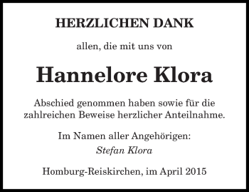 Todesanzeige von Hannelore Klora von saarbruecker_zeitung