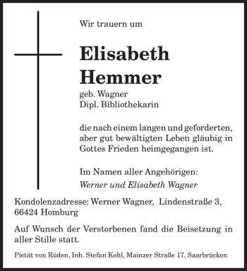 Todesanzeige von Elisabeth Hemmer von SAARBRÜCKER ZEITUNG