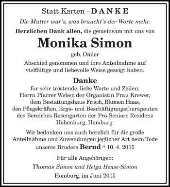 Todesanzeige von Monika Simon von saarbruecker_zeitung