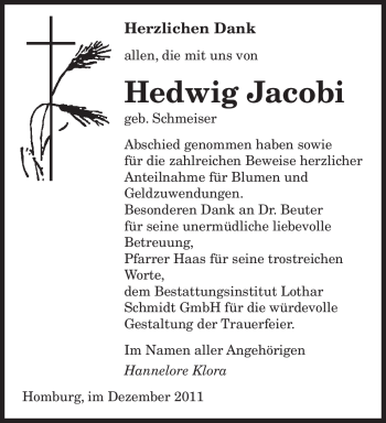 Todesanzeige von Hedwig Jacobi von SAARBRÜCKER ZEITUNG