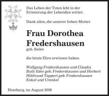 Todesanzeige von Dorothea Fredershausen von SAARBRÜCKER ZEITUNG