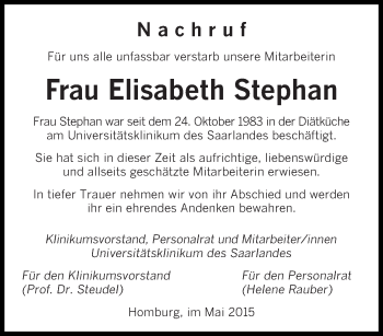 Todesanzeige von Elisabeth Stephan von saarbruecker_zeitung