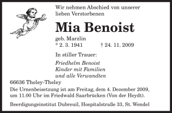 Todesanzeige von Mia Benoist von SAARBRÜCKER ZEITUNG