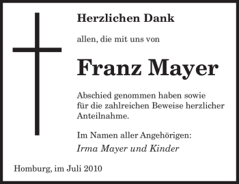 Todesanzeige von Franz Mayer von SAARBRÜCKER ZEITUNG