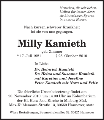 Todesanzeige von Milly Kamieth von SAARBRÜCKER ZEITUNG