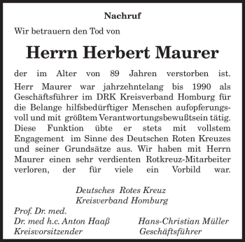 Todesanzeige von Herbert Maurer von SAARBRÜCKER ZEITUNG