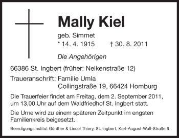 Todesanzeige von Mally Kiel von SAARBRÜCKER ZEITUNG