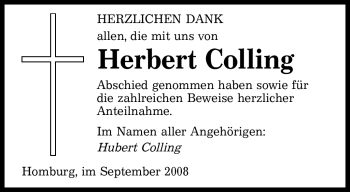 Todesanzeige von Herbert Colling von SAARBRÜCKER ZEITUNG