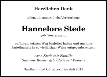 Todesanzeige von Hannelore Stede von saarbruecker_zeitung