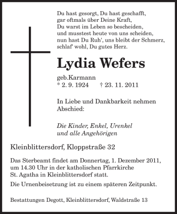 Todesanzeige von Lydia Wefers von SAARBRÜCKER ZEITUNG