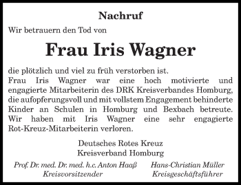 Todesanzeige von Iris Wagner von saarbruecker_zeitung