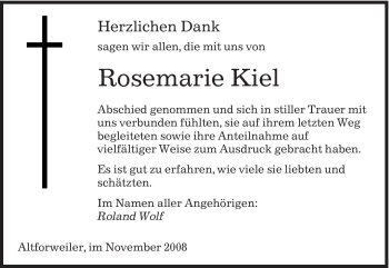 Todesanzeige von Rosemarie Kiel von SAARBRÜCKER ZEITUNG