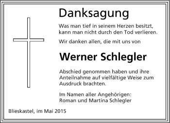 Todesanzeige von Werner Schlegler von saarbruecker_zeitung