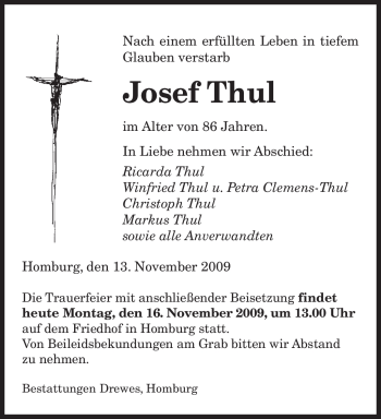 Todesanzeige von Josef Thul von SAARBRÜCKER ZEITUNG