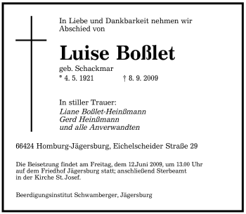 Todesanzeige von Luise Boßlet von SAARBRÜCKER ZEITUNG