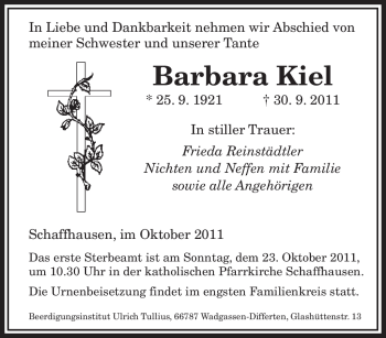 Todesanzeige von Barbara Kiel von SAARBRÜCKER ZEITUNG