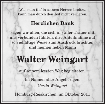 Todesanzeige von Walter Weingart von SAARBRÜCKER ZEITUNG