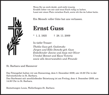 Todesanzeige von Ernst Guss von SAARBRÜCKER ZEITUNG