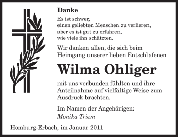 Todesanzeige von Wilma Ohliger von SAARBRÜCKER ZEITUNG