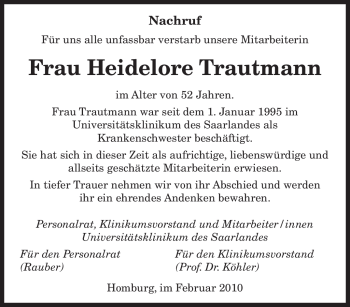 Todesanzeige von Heidelore Trautmann von SAARBRÜCKER ZEITUNG