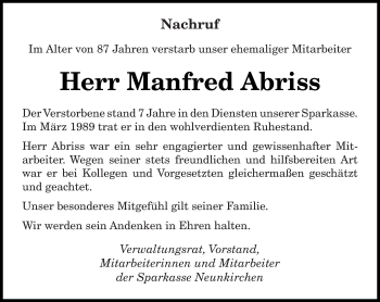 Todesanzeige von Manfred Abriss von saarbruecker_zeitung