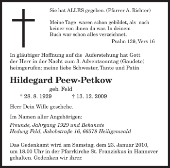 Todesanzeige von Hildegard Peew-Petkow von SAARBRÜCKER ZEITUNG