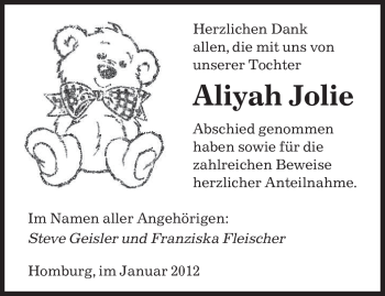 Todesanzeige von Aliyah Jolie von SAARBRÜCKER ZEITUNG