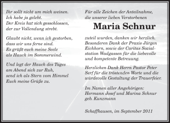 Todesanzeige von Maria Schnur von SAARBRÜCKER ZEITUNG