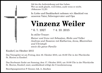 Todesanzeige von Vinzenz Weiler von saarbruecker_zeitung