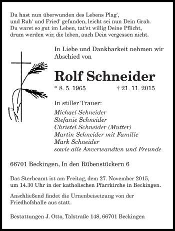 Todesanzeige von Rolf Schneider von saarbruecker_zeitung