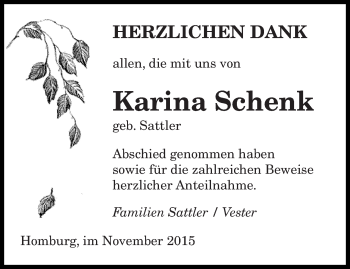 Todesanzeige von Karina Schenk von saarbruecker_zeitung