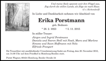 Todesanzeige von Erika Porstmann von saarbruecker_zeitung