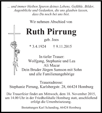 Todesanzeige von Ruth Pirrung von saarbruecker_zeitung