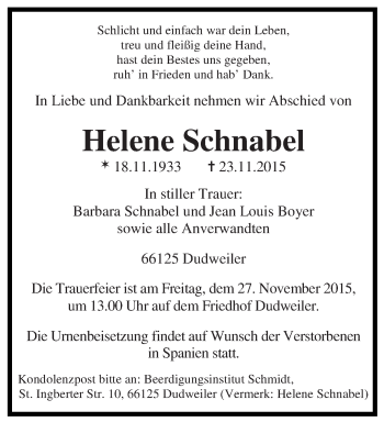 Todesanzeige von Helene Schnabel von saarbruecker_zeitung