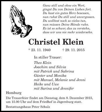 Todesanzeige von Christel Klein von saarbruecker_zeitung