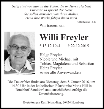 Todesanzeige von Willi Freyler von saarbruecker_zeitung