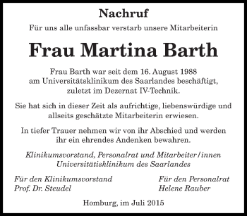 Todesanzeige von Martina Barth von saarbruecker_zeitung