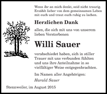 Todesanzeige von Willi Sauer von saarbruecker_zeitung