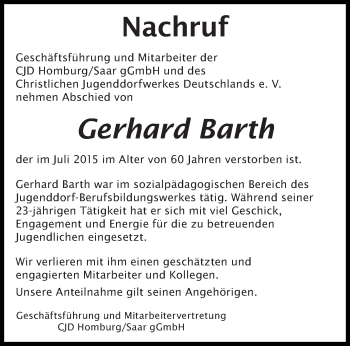 Todesanzeige von Gerhard Barth von saarbruecker_zeitung