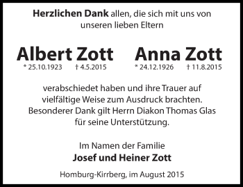 Todesanzeige von Albert und Anna Zott von saarbruecker_zeitung