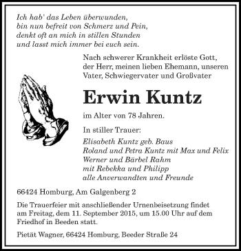 Todesanzeige von Erwin Kuntz von saarbruecker_zeitung