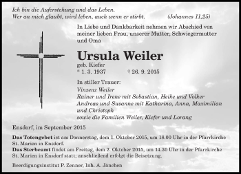 Todesanzeige von Ursula Weiler von saarbruecker_zeitung